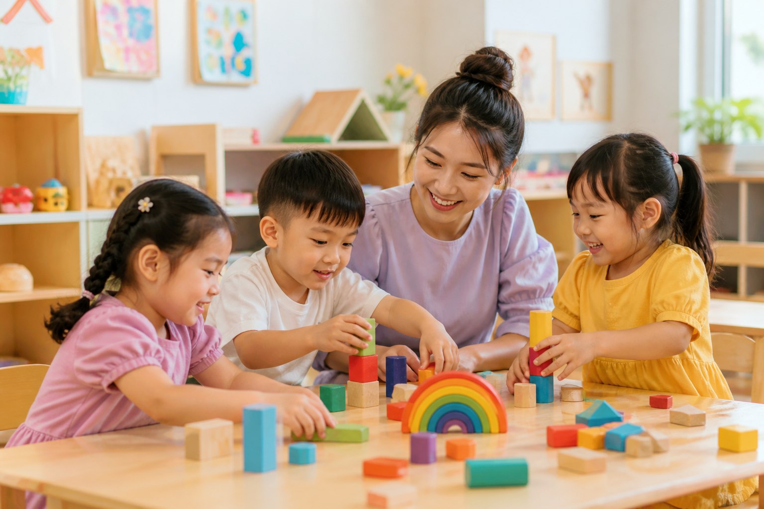 Cô giáo cùng các bé vui chơi với khối gỗ nhiều màu