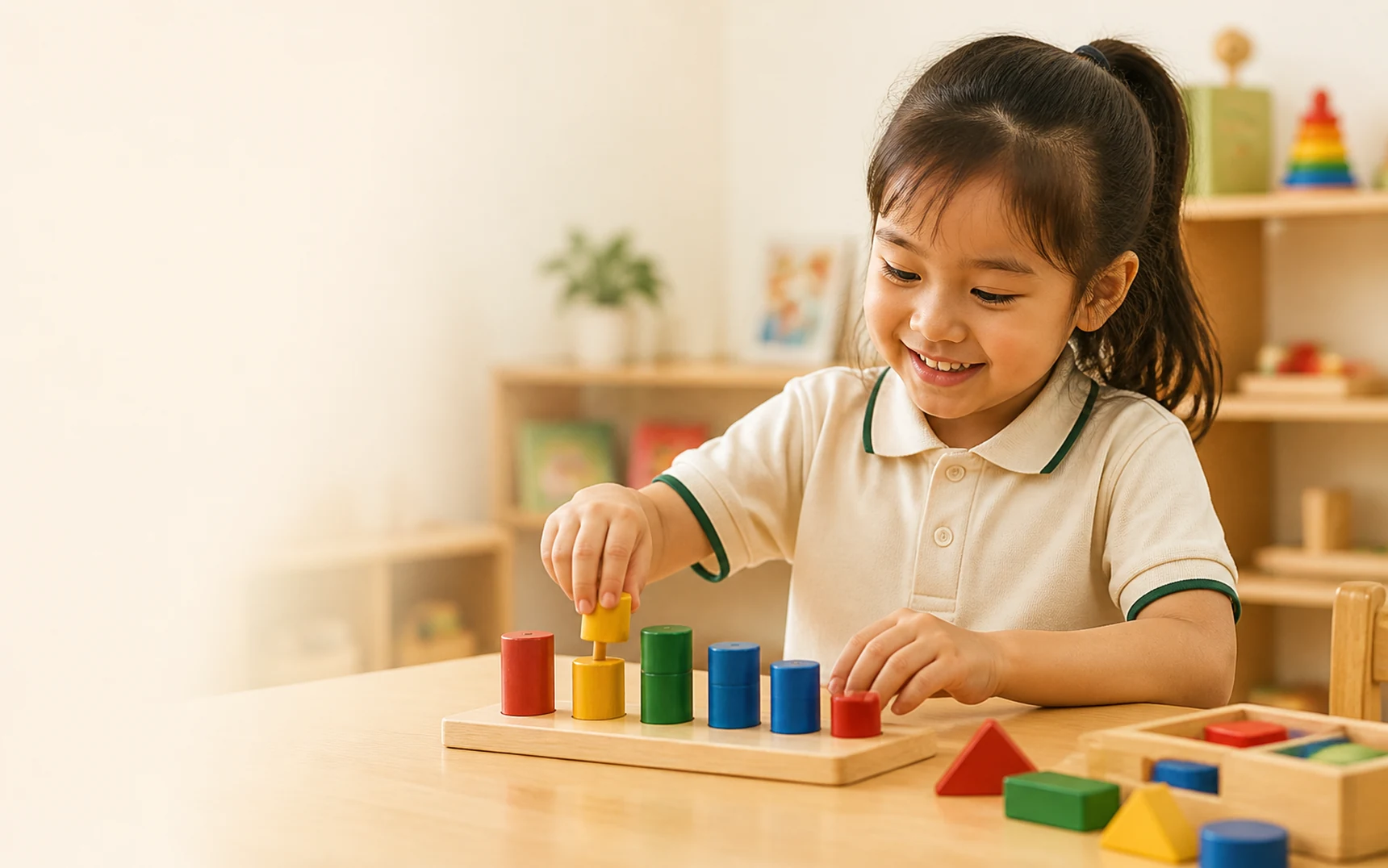 Bạn nhỏ quan sát và sắp xếp các khối gỗ màu trong lớp học sáng