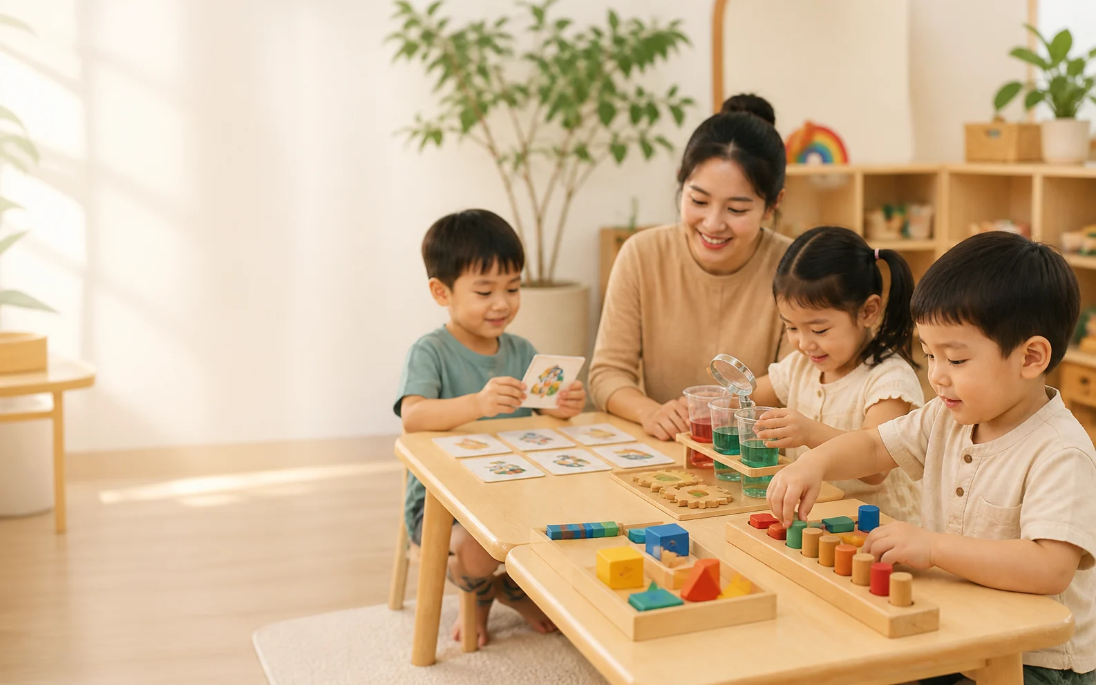 Cô giáo quan sát trẻ học qua hoạt động trải nghiệm