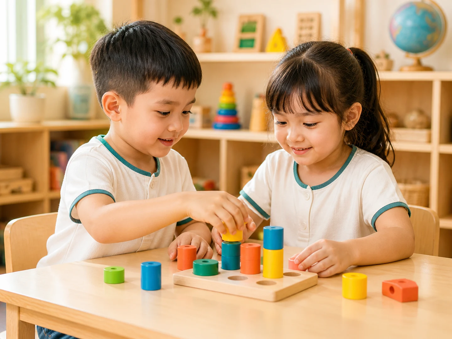Hai bạn nhỏ cùng sắp xếp và khám phá các khối gỗ màu
