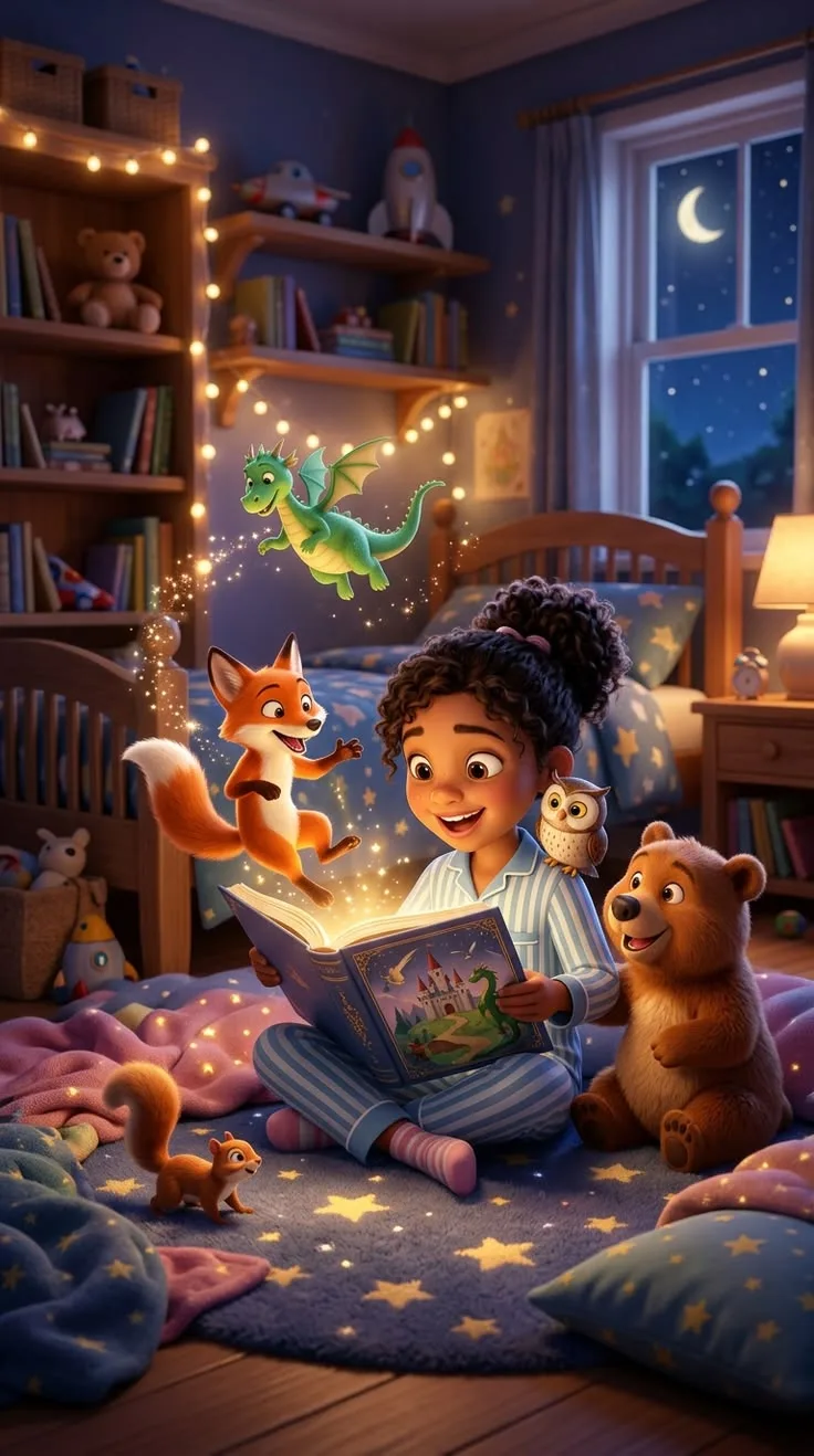 Em bé đọc sách cổ tích cùng những người bạn tưởng tượng