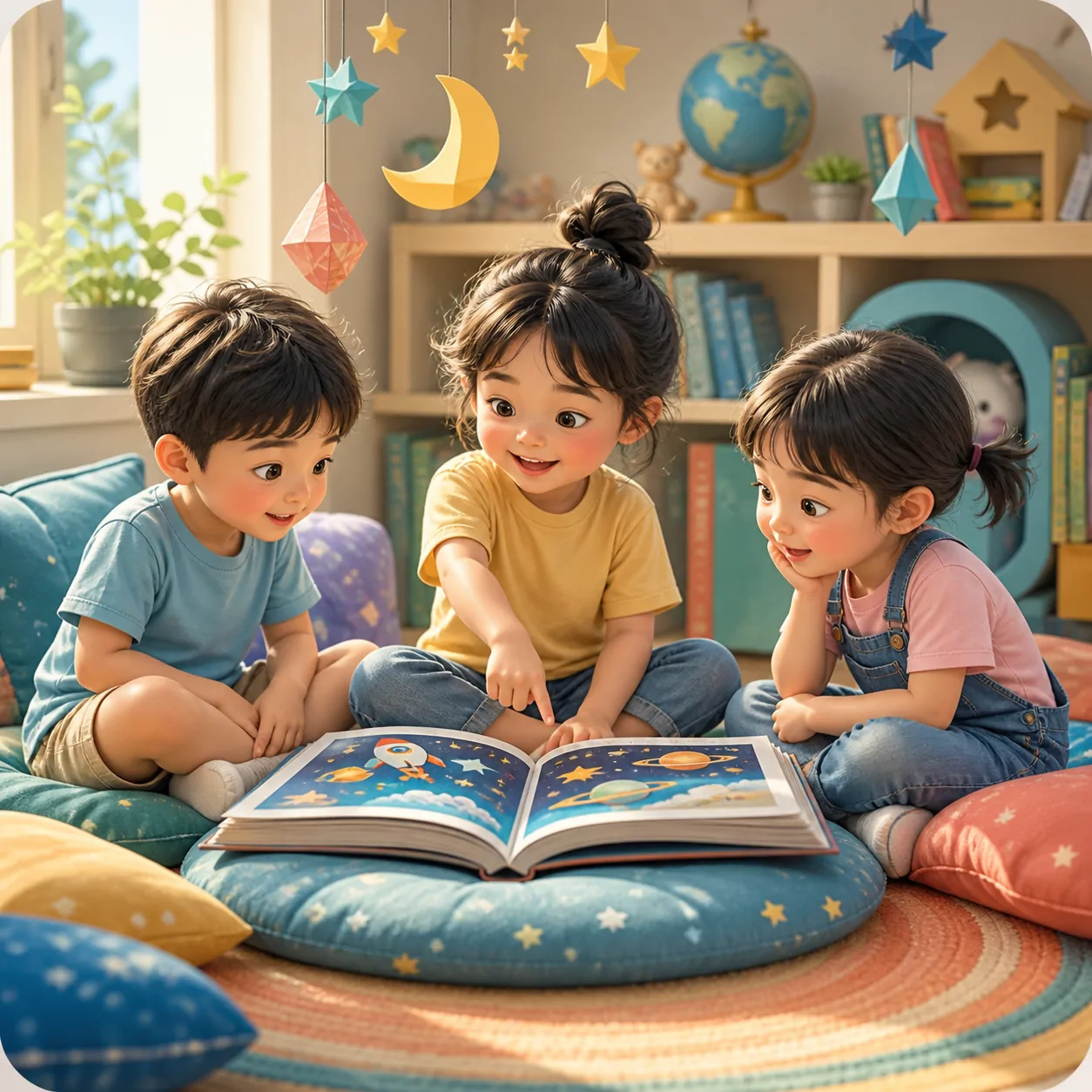 Ba bạn nhỏ cùng xem sách tranh về vũ trụ
