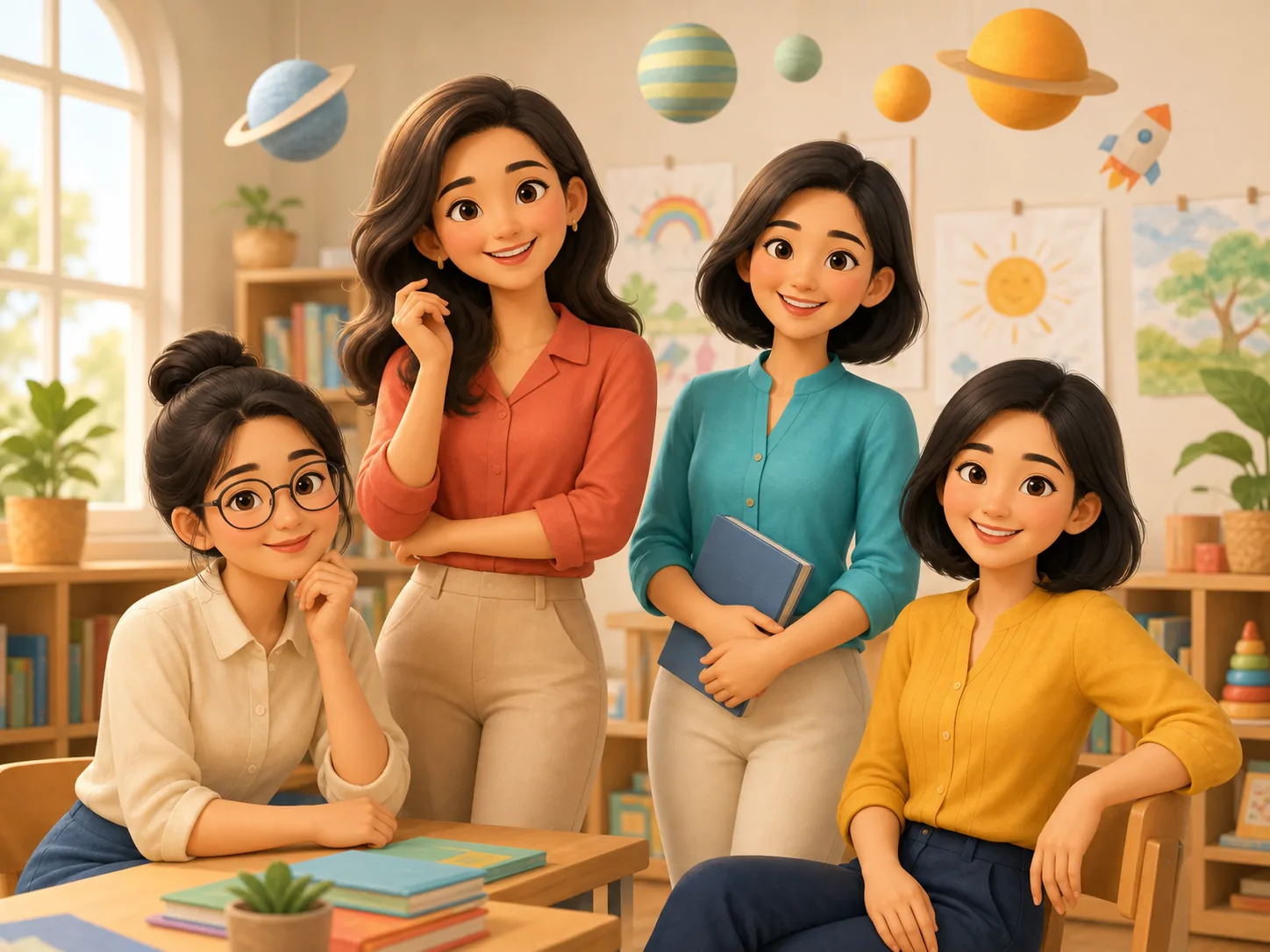 Đội ngũ giáo viên mầm non trong lớp học sáng và thân thiện