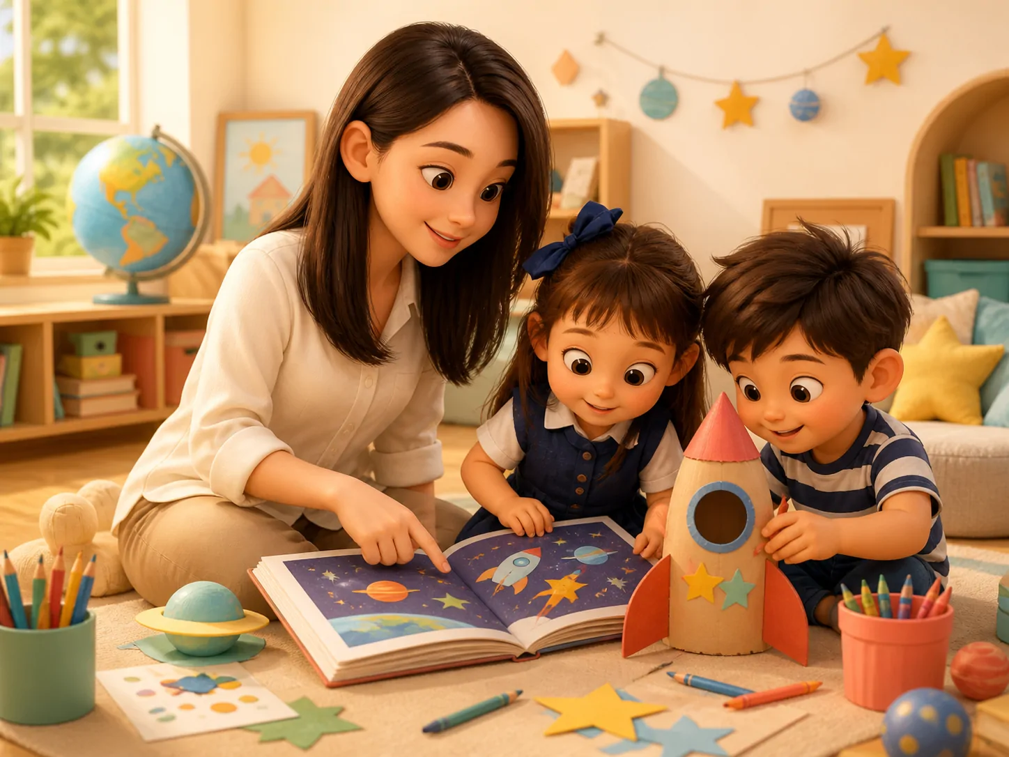 Cô giáo ngồi cùng trẻ đọc sách và làm mô hình tên lửa