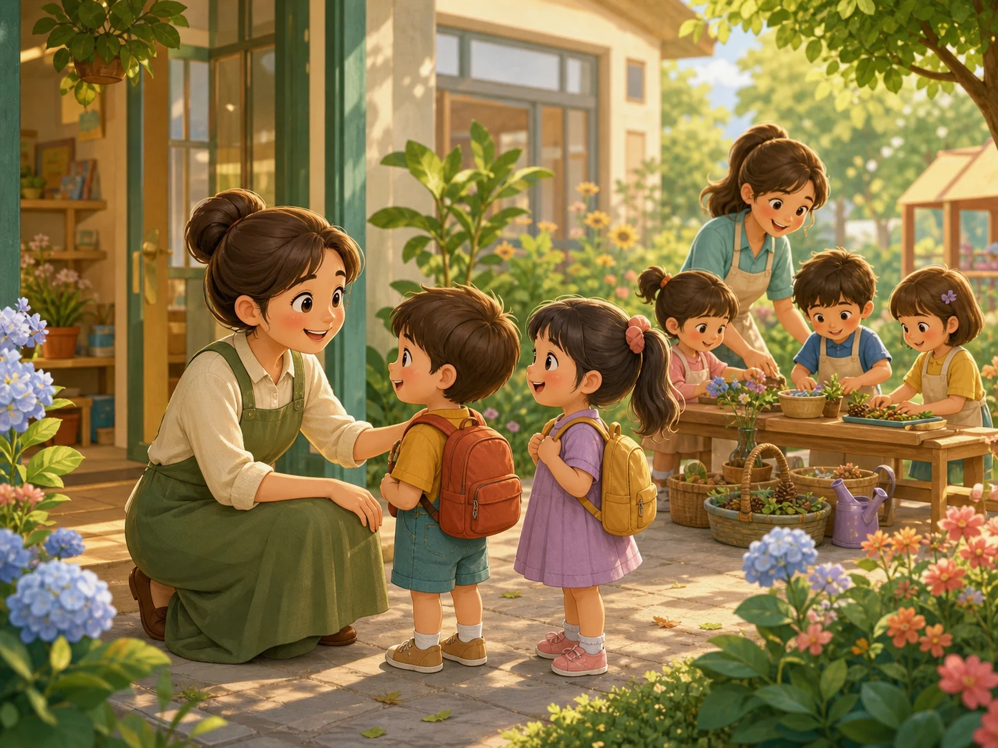 Cô giáo dịu dàng chào đón trẻ trong khu vườn trường học