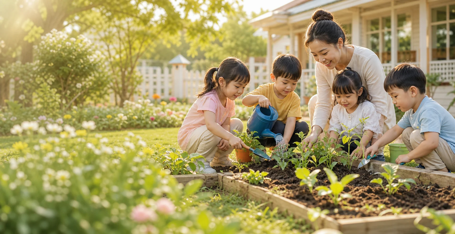 Cô giáo cùng các em nhỏ chăm sóc cây trong khu vườn của First Steps