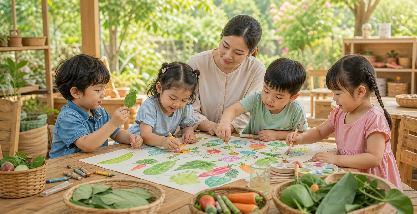 Các em nhỏ cùng cô sáng tạo bức tranh về khu vườn