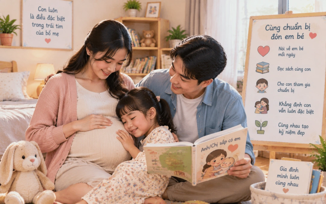 Cha mẹ trò chuyện với con lớn trước khi gia đình đón em bé.