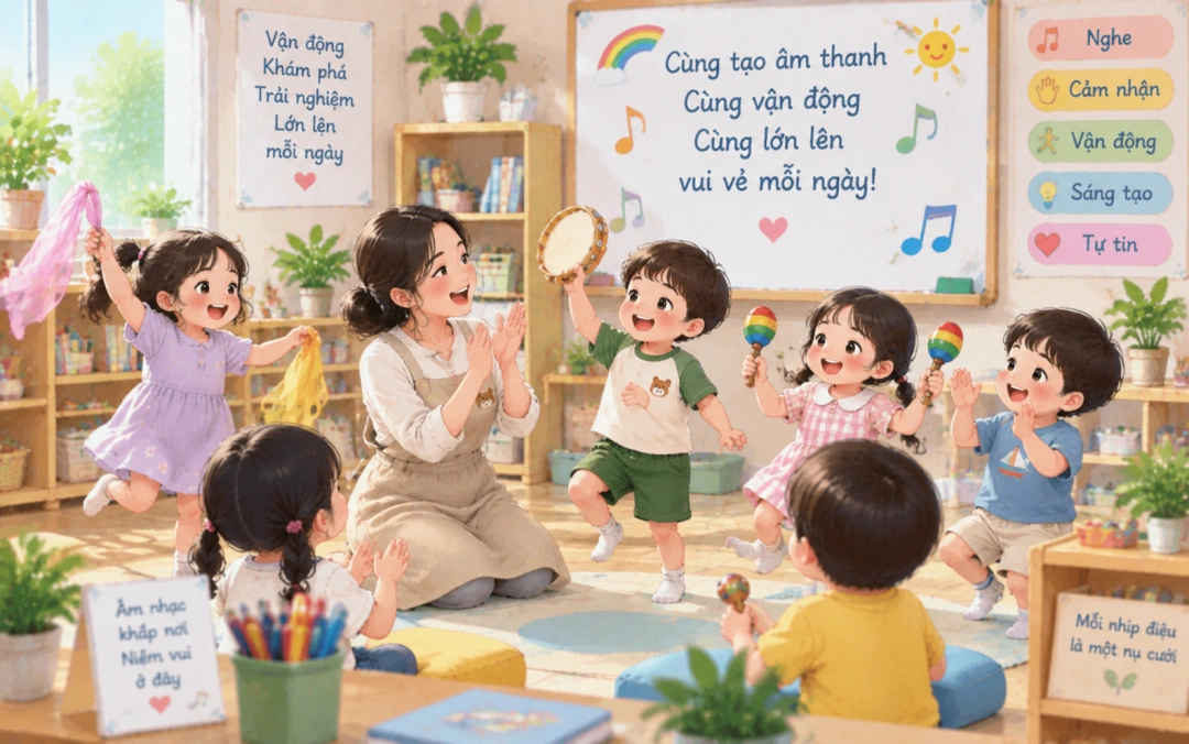 Trẻ cùng cô tạo âm thanh và vận động theo nhịp điệu.