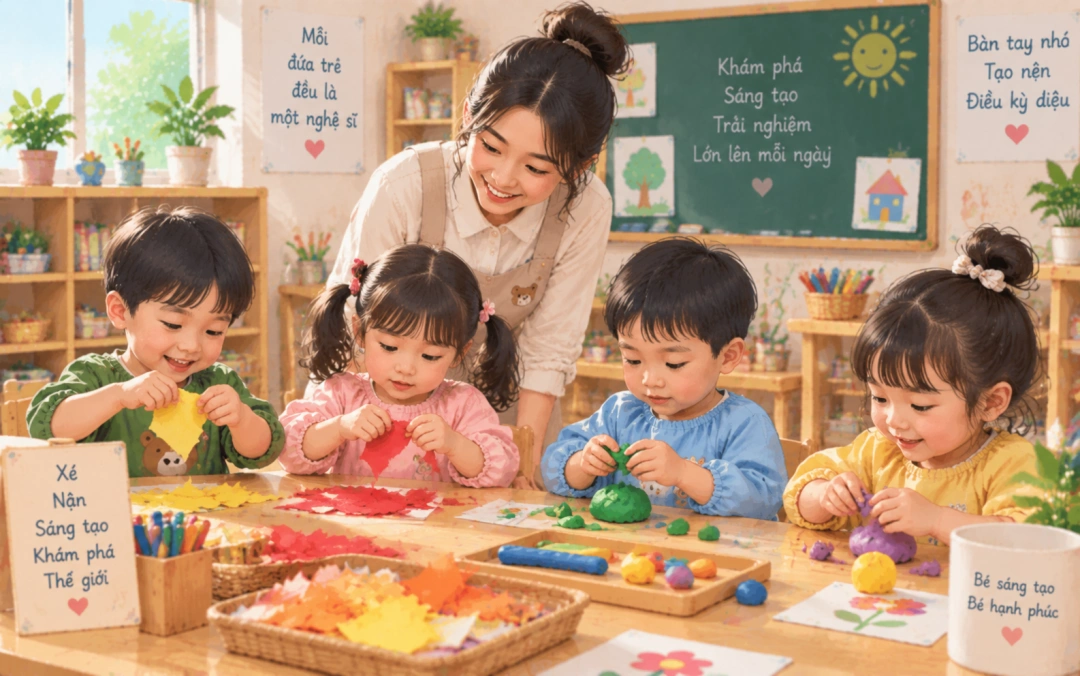 Trẻ xé giấy và nặn vật liệu mềm dưới sự quan sát của cô.