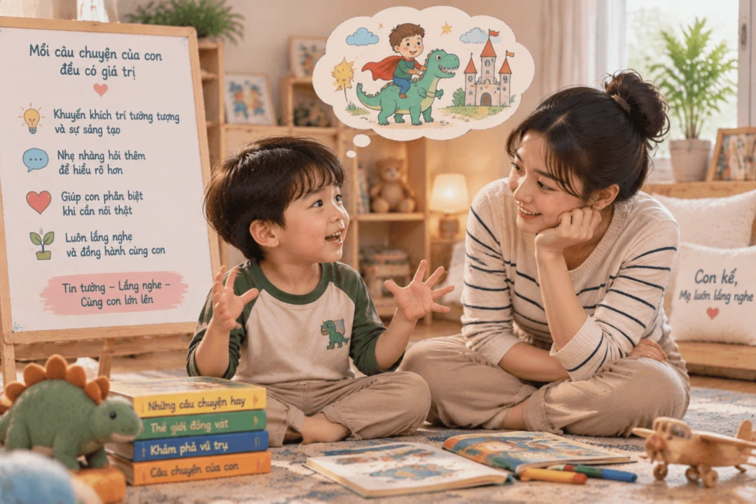 Cha mẹ lắng nghe con kể chuyện trong không gian gia đình.