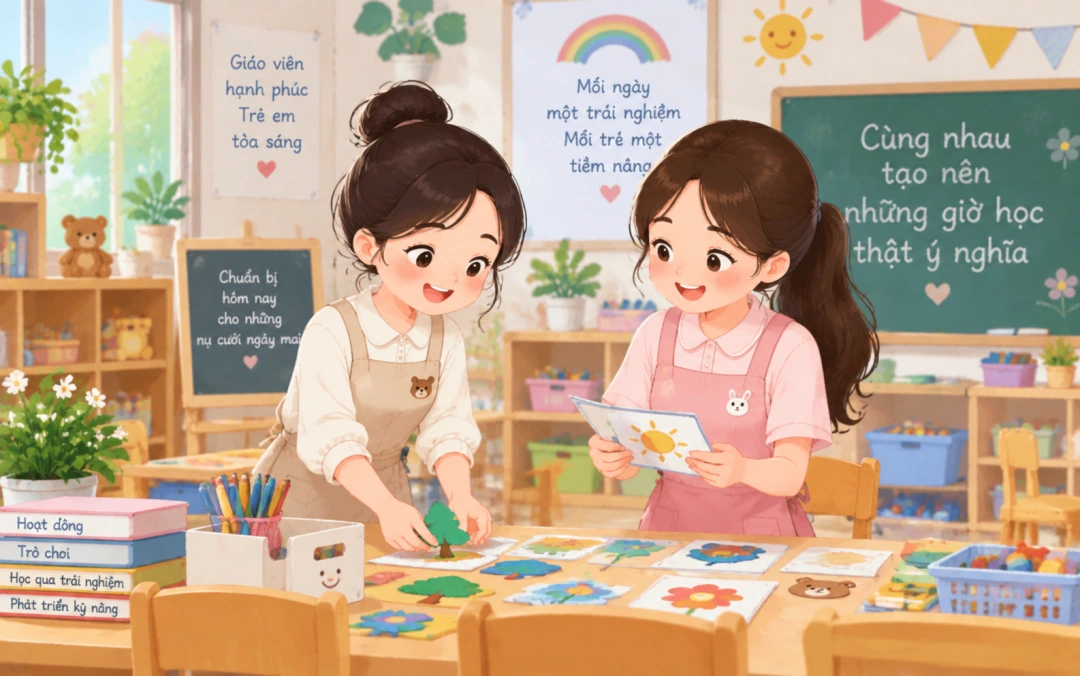 Giáo viên mới cùng đồng nghiệp chuẩn bị hoạt động tại lớp.