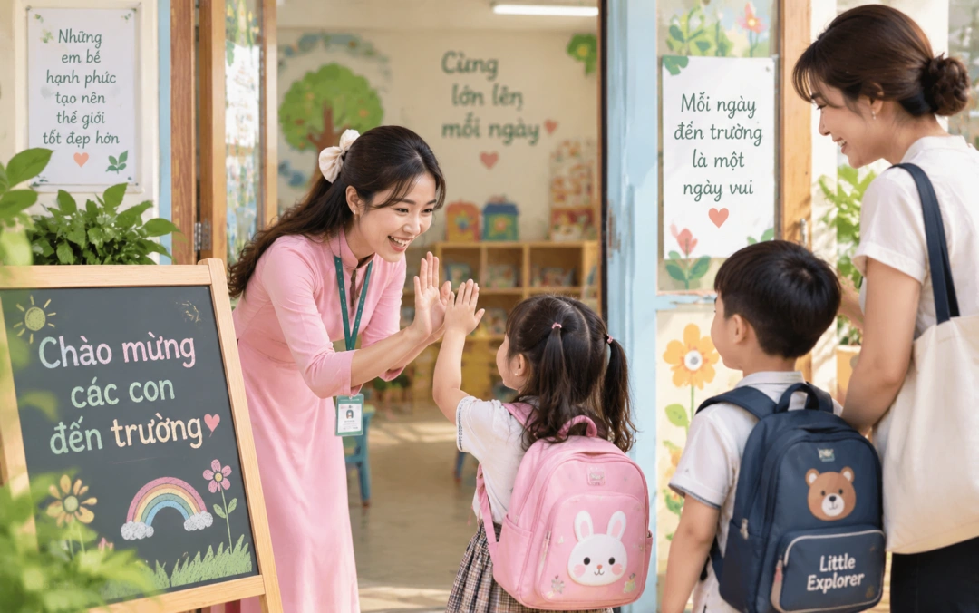 Giáo viên mầm non chào đón trẻ trong ngày đầu năm học mới.