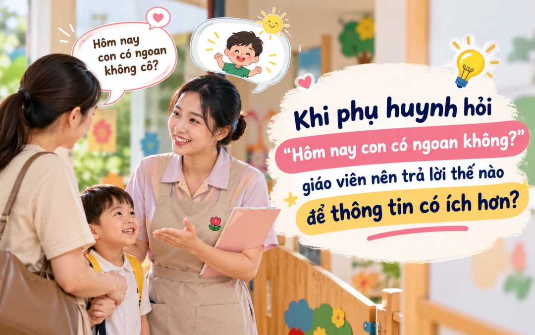 Giáo viên trao đổi với phụ huynh về một ngày của trẻ tại trường mầm non.