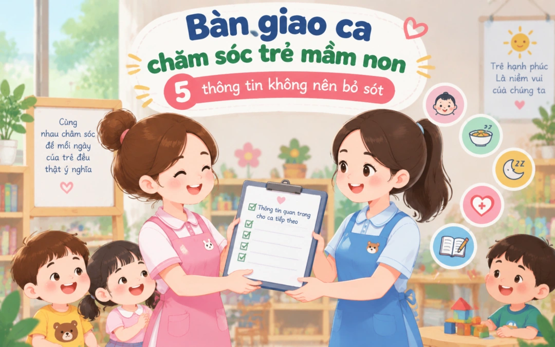 Hai giáo viên trao đổi thông tin bàn giao trong lớp mầm non.