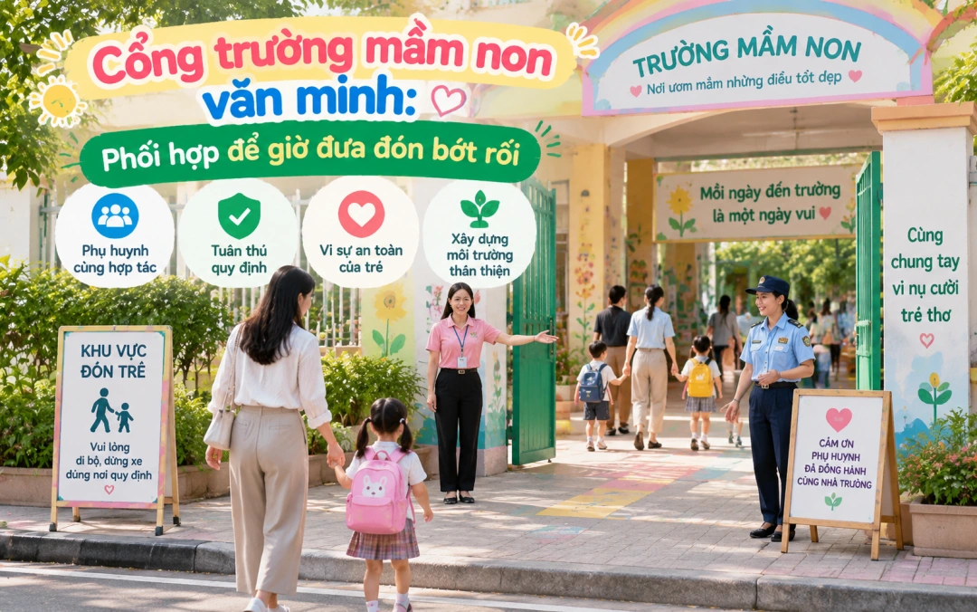 Phụ huynh đưa đón trẻ tại cổng trường theo lối đi rõ ràng.