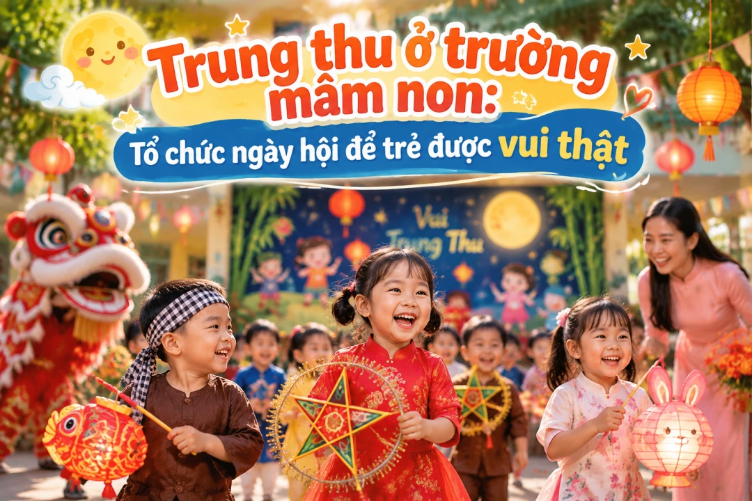 Trẻ cùng cô rước đèn trong ngày hội Trung thu.