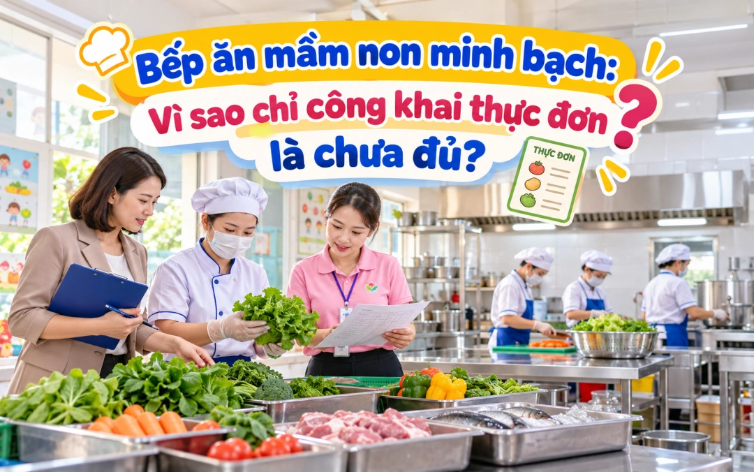 Nhân viên bếp mầm non kiểm tra thực phẩm và đối chiếu danh sách giao nhận tại khu bếp trường học.